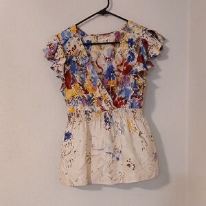 Blue and Yellow Ruffled Peplum Blouse